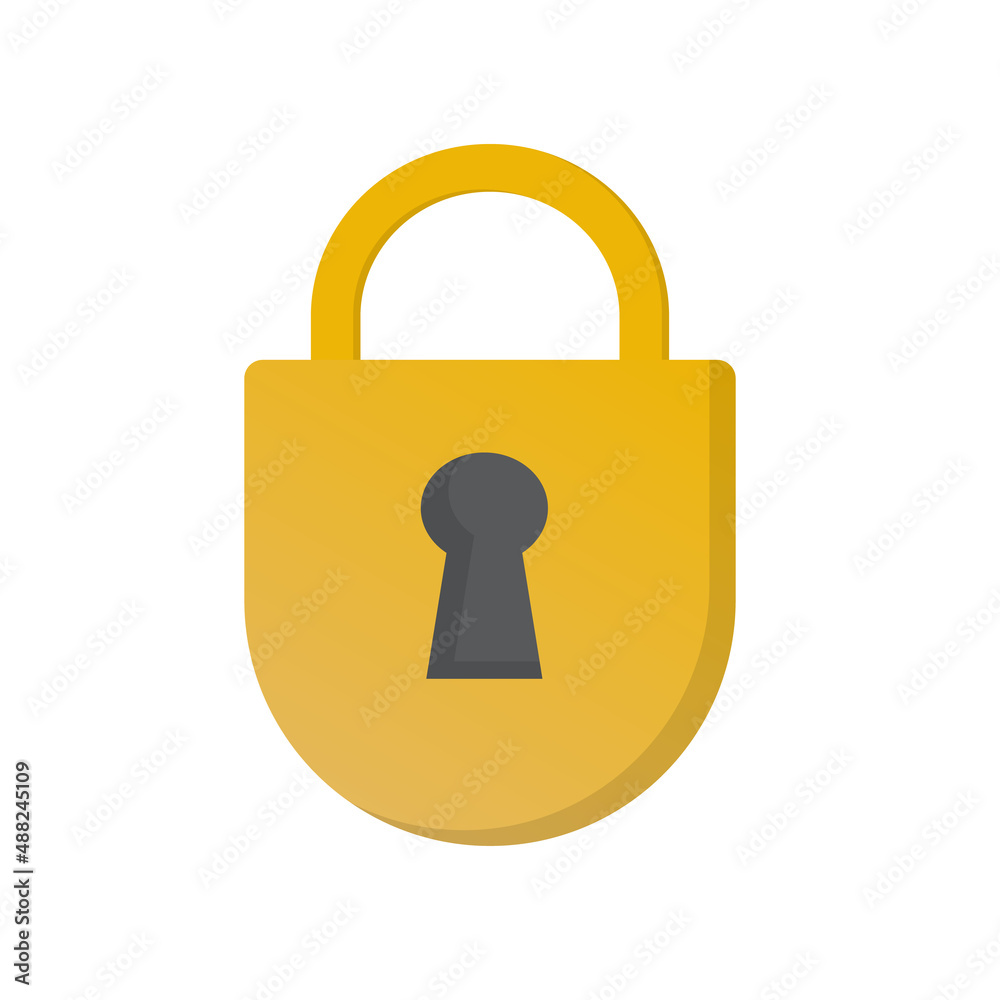 Close lock - yellow flat icon. Silhouette lock. Yellow lock isolated on white background Close lock - yellow flat icon. Silhouette lock. Yellow lock isolated on white background