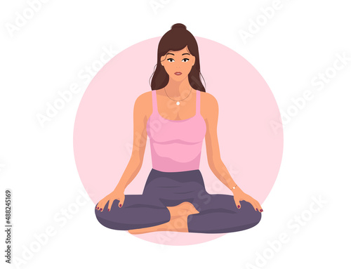Yoga. Woman sitting in lotus position practicing meditation. Concept illustration for yoga, meditation. Yoga studio
