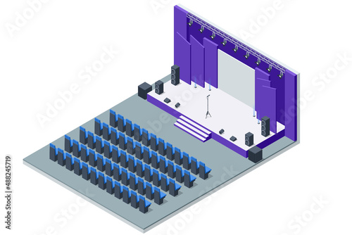 Room for press conferences. Isometric stand for press conference with microphones, equipped place for the speaker in front of journalists.