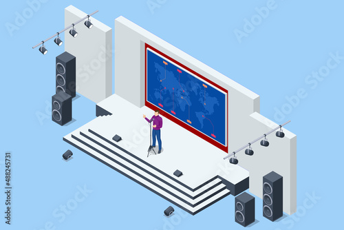 Isometric stand for press conference with microphones, equipped place for the speaker in front of journalists. Live report, live news concept.