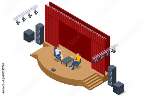 Isometric stand for press conference with microphones, equipped place for the speaker in front of journalists. Live report, live news concept.