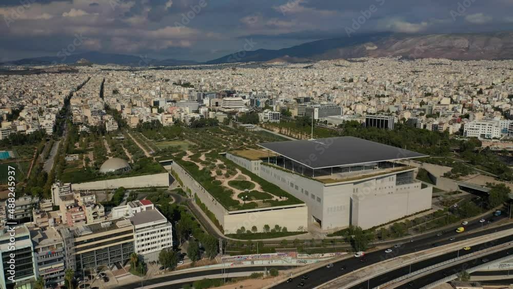 Aerial drone video of SNCF building of Cultural Centre and Foundation of Stavros Niarhos that also hosts National Opera in Faliro area, Athens riviera, Attica, Greece Aerial drone video of SNCF building of Cultural Centre and Foundation of Stavros Niarhos that also hosts National Opera in Faliro area, Athens riviera, Attica, Greece