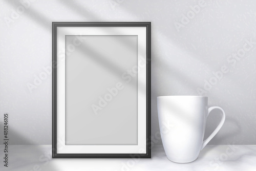 White cup and black frame on studio background. Empty mockup. Mug side view. Blank mockups with shadow. 3d cup front and and with soft light for product. Mock up template for design prints. Vector