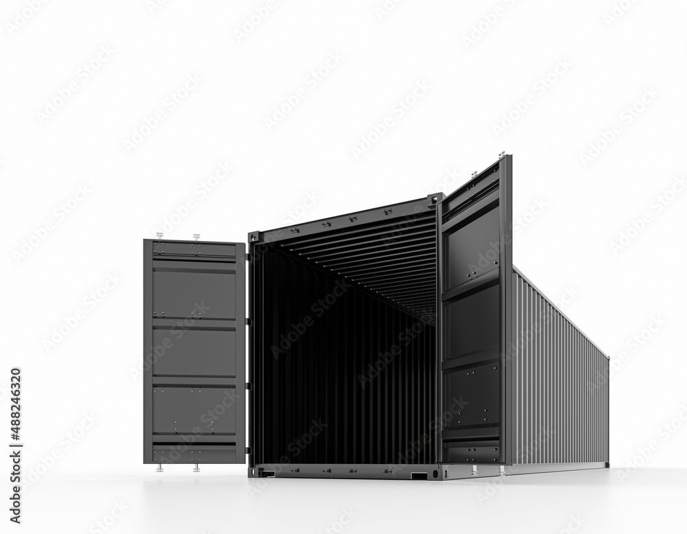 Opened black cargo sea container, isolated on white
