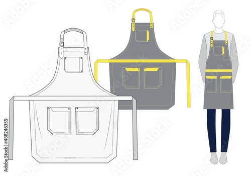  Apron fashion flat template. Men's Apron flat pattern vector template. Gray and yellow Apron fashion technical drawing template. Kitchen protective Apron fashion design.