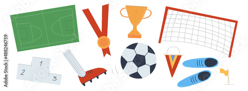 A set of items on a football theme. Field, ball, leg, boot, pedestal, awards. Flat vector illustration. Eps10