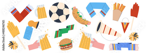Set of football fans items. Beer, scarves, vuvuzeva and food. Flat vector illustration. Eps10