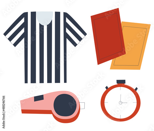 Football referee set. Red and yellow cards, whistle, stopwatch and striped t-shirt. Flat vector illustration. Eps10