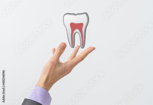 Medical healthy human tooth 3d. Medicine model low poly. Doctor online concept. Medical consultation app. Web healthcare dentist stomatologist modern technology illustration