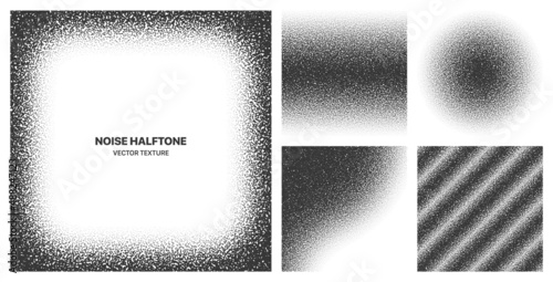 Assorted Various Black Noise Halftone Different Grainy Textures Vector Set Isolated On White Background. Contrast Black White Graphic Rough Gritty Variety Texture Design Element Collection
