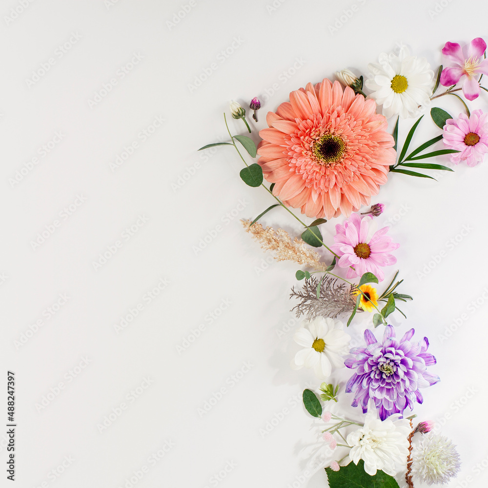Various flowers composition on flat lay white background. A corner of a frame in a soft light square design.