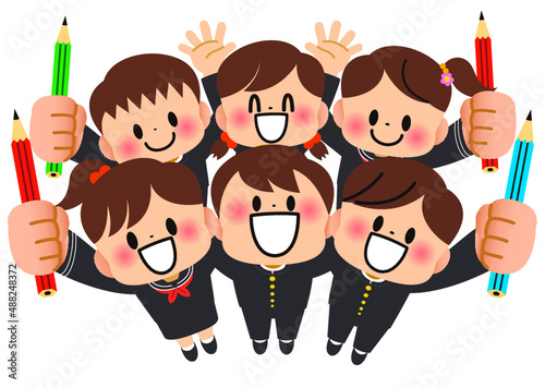 中学生,高校生,中学校,勉強,学校,友達,受験,テスト,塾,学生,高校,応援,鉛筆,新入生,進学,祝い,男の子,女の子,やる気,元気,受験勉強,卒業,入学,進路,卒業式,制服,子供,学割,入学式,学生服,学ラン,ガッツポーズ,合格,学校用プリント,イラスト,人物,人,楽しい,かわいい,明るい,仲良し,集合,春,夏,秋,冬,笑顔,バンザイ,セット,嬉しい