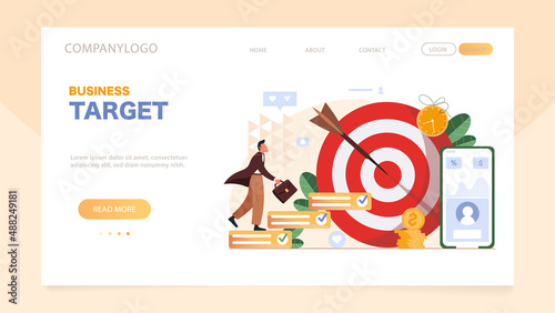 Personal development plan landing page. Career success, build specialist skill, competence to motivate and achieve business goals. Smart businessman walk up checklist as staircase to achieve target