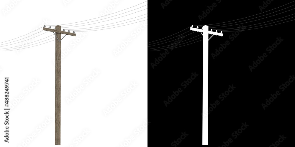 3D rendering illustration of a wooden telephone pole - obrazy, fototapety, plakaty 