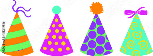 Party hat cartoon vector vintage illustration with custom colors. Textured flat shapes. Celebration hat collection for birthday party with dots, stripes, ribbons, isolated on white background