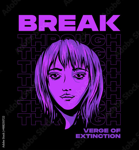 anime girl illustration in violet colors with a slogan print design 