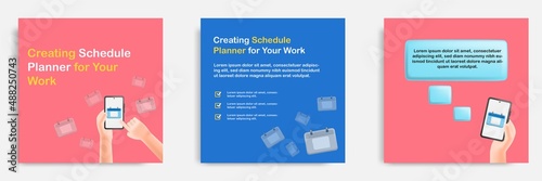 Social media informative post banner template design in 3D cartoon style, mobile smart phone app schedule reminder concepts with multicolor