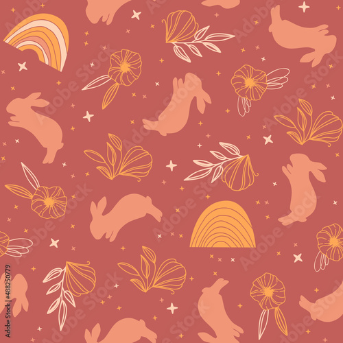 Seamless pattern with bunnies  flowers  rainbows and stars on red background for Easter designs