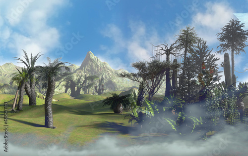 Canvas Print prehistoric forest Mesozoic era background render 3d