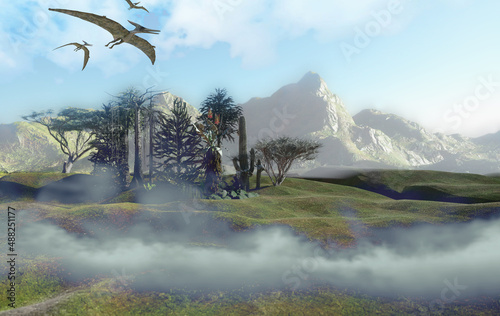 prehistoric forest Mesozoic era background render 3d photo