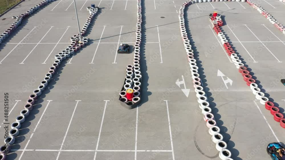Top view go karting circuit with roads and tires