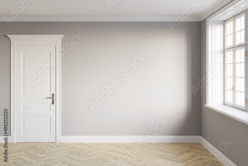 Modern-classic empty room without furniture with a blank gray wall between white classical door and window without curtains, light parquet floor. Front view. 3d render