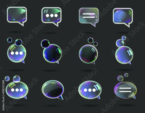 Chat icon set symbol. Transparent soap bubbles messaging icon phone, social, internet. Comunication concept.