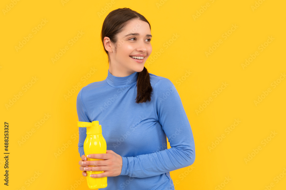 happy young woman holding sport bottle with water, thirst happy young woman holding sport bottle with water, thirst