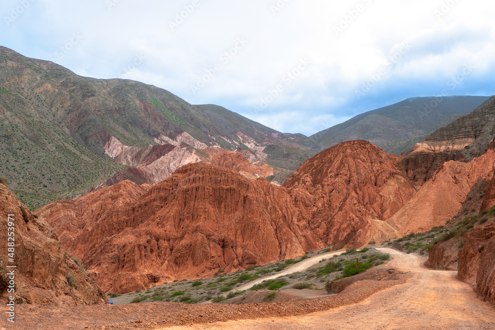 Argentina, in the location of Purmamarca, incredibly beautiful rock formations with intense colours after a rainy day 