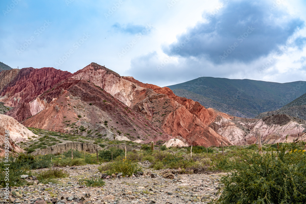 Argentina, in the location of Purmamarca, incredibly beautiful rock formations with intense colours after a rainy day 
