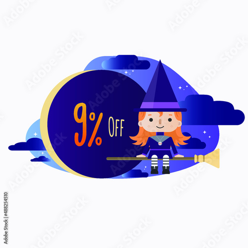 9 percent off - Halloween - Cute Little Red-haired Witch Cartoon sitting on the broom in the starry night, with clouds and a big discount tag.