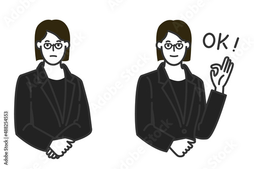 おかっぱのメガネとかけ喪服を着た穏やかそうな葬儀屋の女性職員表情のバリエーションセットの白バックのシンプルな線画のイラスト