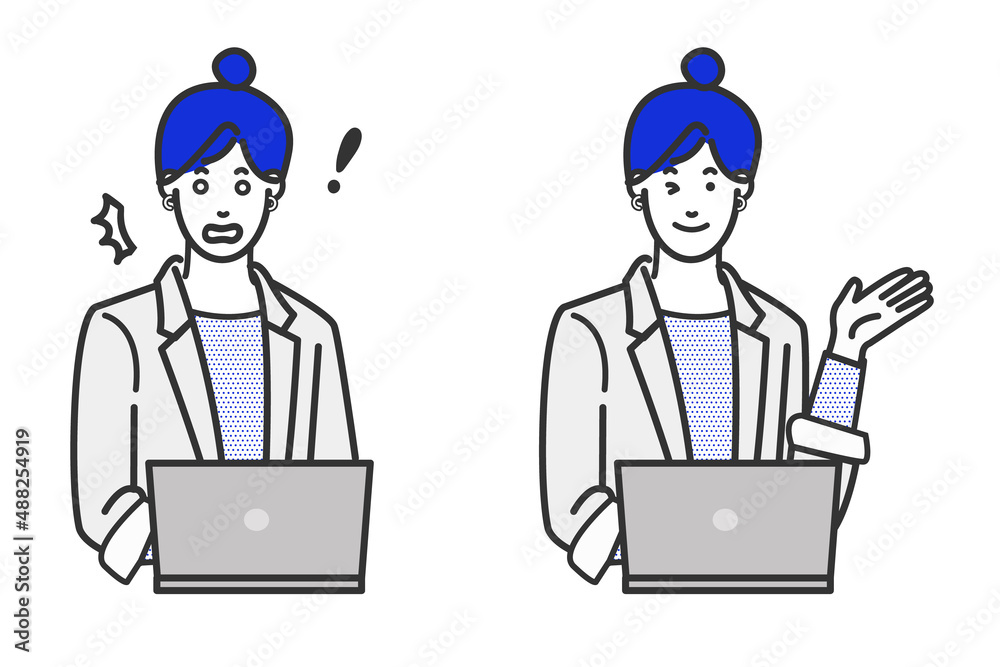 働くお母さんをイメージしたのパソコンの前に座るアジア人女性の表情のバリエーションの白バックのシンプルな線画のイラスト