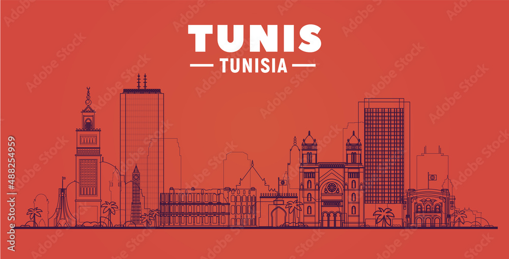 Tunis, ( Tunisia ) city line skyline vector illustration white background. Business travel and tourism concept with modern buildings. Image for presentation, banner, web site.