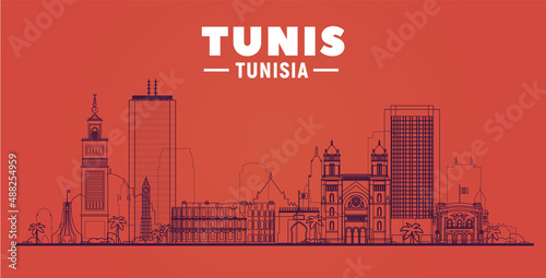 Tunis, ( Tunisia ) city line skyline vector illustration white background. Business travel and tourism concept with modern buildings. Image for presentation, banner, web site.
