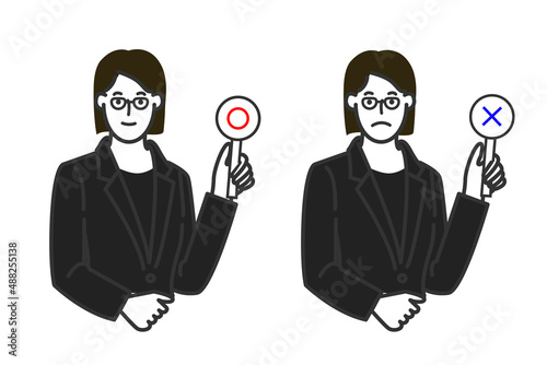 おかっぱのメガネとかけ喪服を着た穏やかそうな葬儀屋の女性職員表情のバリエーションセットの白バックのシンプルな線画のイラスト
