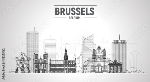 Brussels (Belgium) line skyline with panorama in white background. Vector Illustration. Business travel and tourism concept with modern buildings. Image for presentation, banner, website.