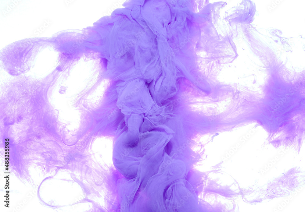 purple paint stain gathering in the water making amazing shapes on white background