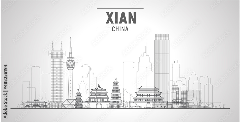 Xian line Skyline. (China ) Vector illustration. Business travel and tourism concept with modern buildings. Image for presentation, banner, website. - obrazy, fototapety, plakaty 