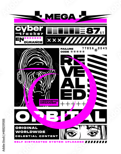 cyber retro future typographic poster design with graphic design elements