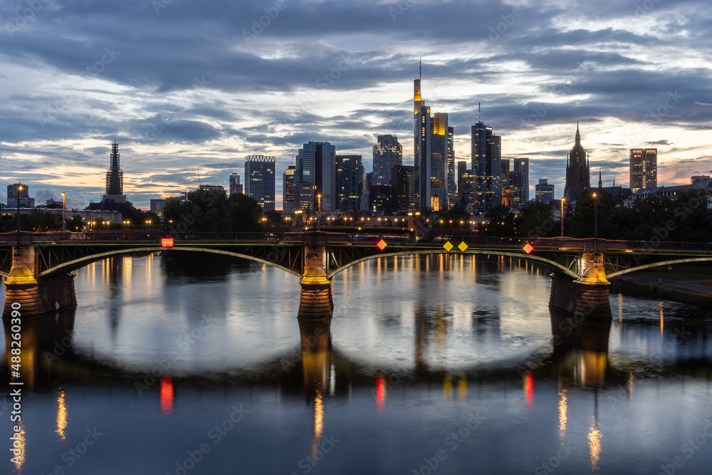 frankfurt city skyline at sunset