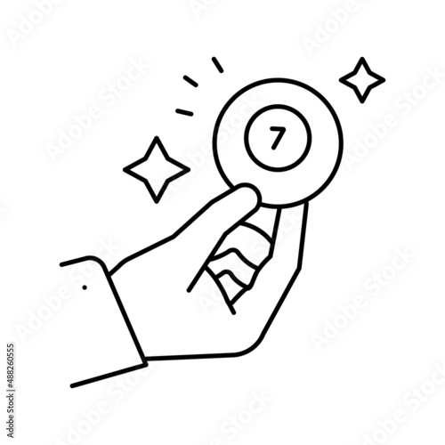 hand holding lotto ball with won number line icon vector illustration