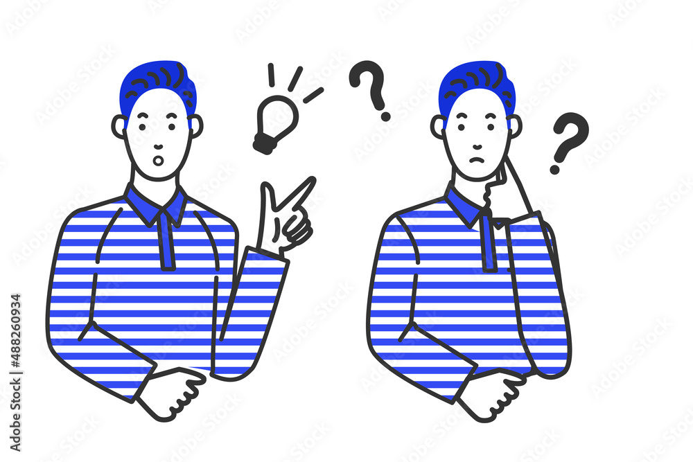 ブルーのボーダーの襟付きシャツを着た運送会社の従業員をイメージしたのアジア人好青年の表情のバリエーションの白バックのシンプルな線画のイラスト