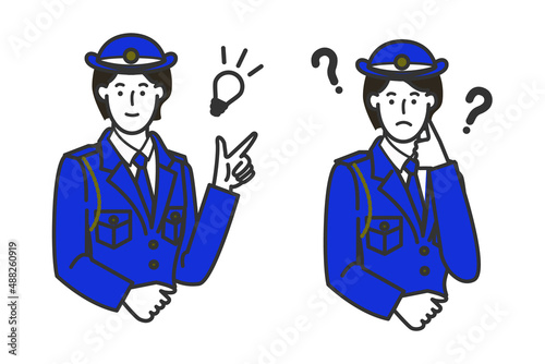 ボブヘアーの警察官の制服を着た穏やかそうな女性警察官の表情のバリエーションセットの白バックのシンプルな線画のイラスト