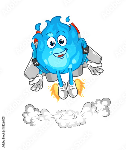 blue fire with jetpack mascot. cartoon vector