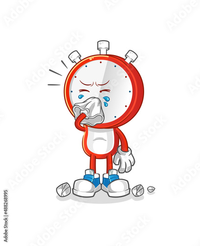 alarm clock head cartoon blowing nose character. cartoon mascot vector