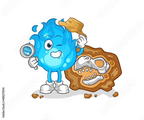 blue fire archaeologists with fossils mascot. cartoon vector
