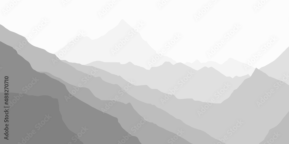 Vector illustration of mountains, ridge in the morning haze, black and white