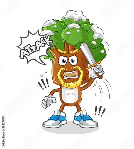 tree head cartoon knights attack with sword. cartoon vector