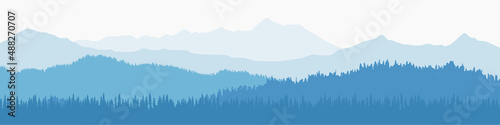Vector illustration of mountains, ridge in the morning haze, panoramic view
